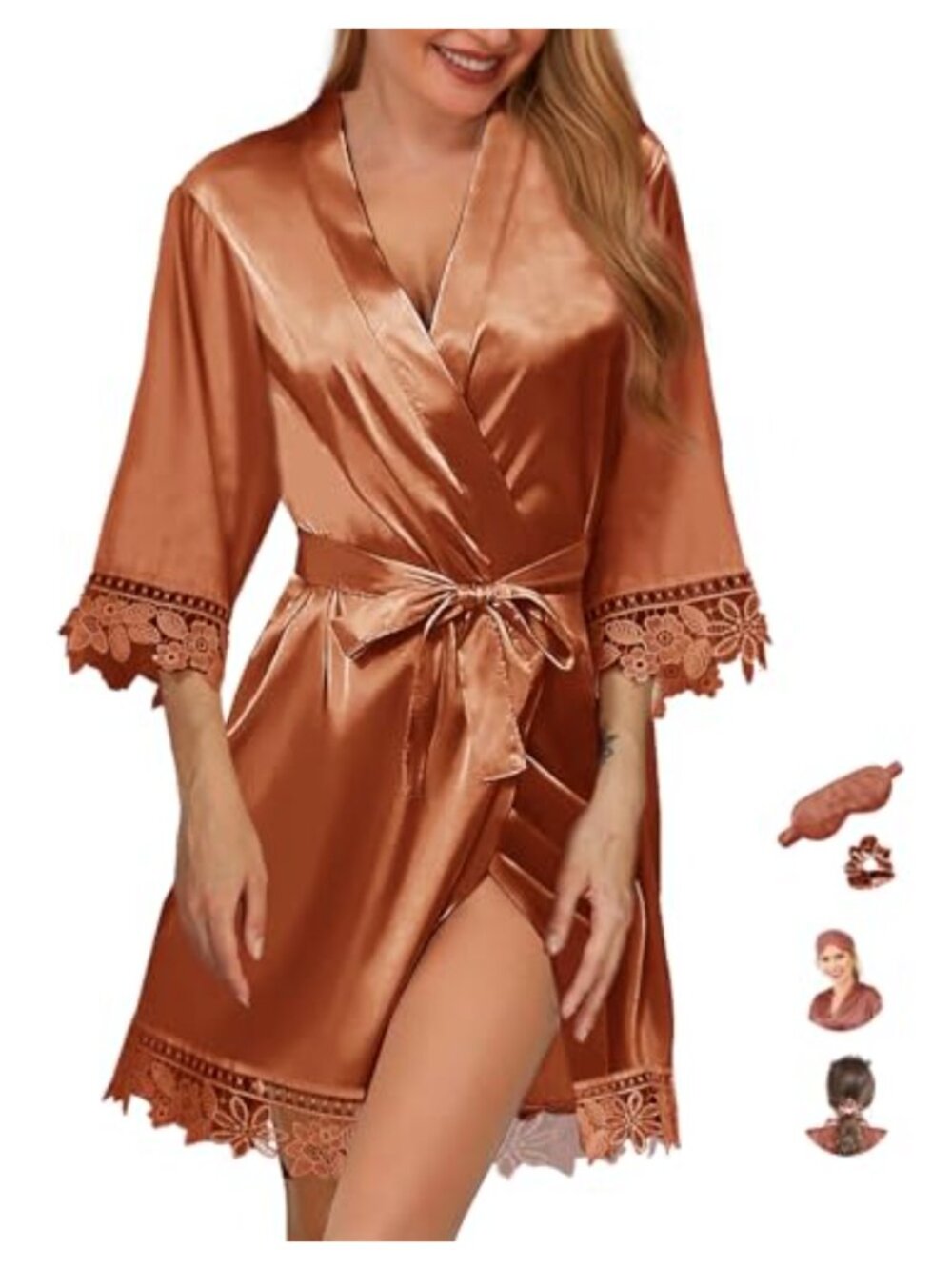 Womens Satin Robe Set Silk Kimono Bathrobe Lace Sleepwear Loungewear